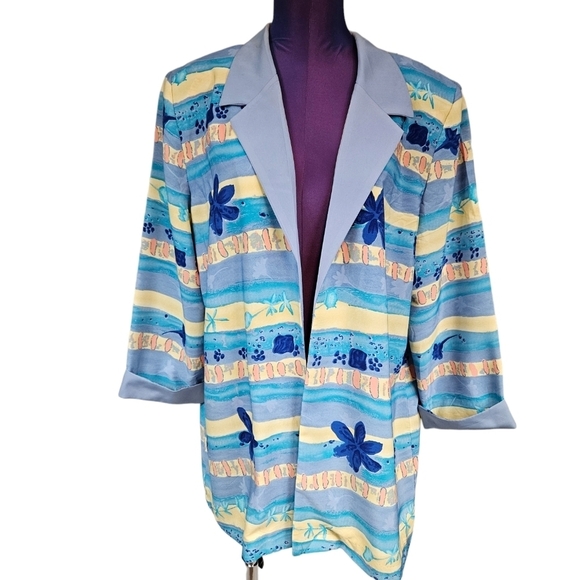 Vintage Serbin Tropical Hibiscus Flower Open Front Blazer Size 18 Women's T34 - Picture 11 of 11